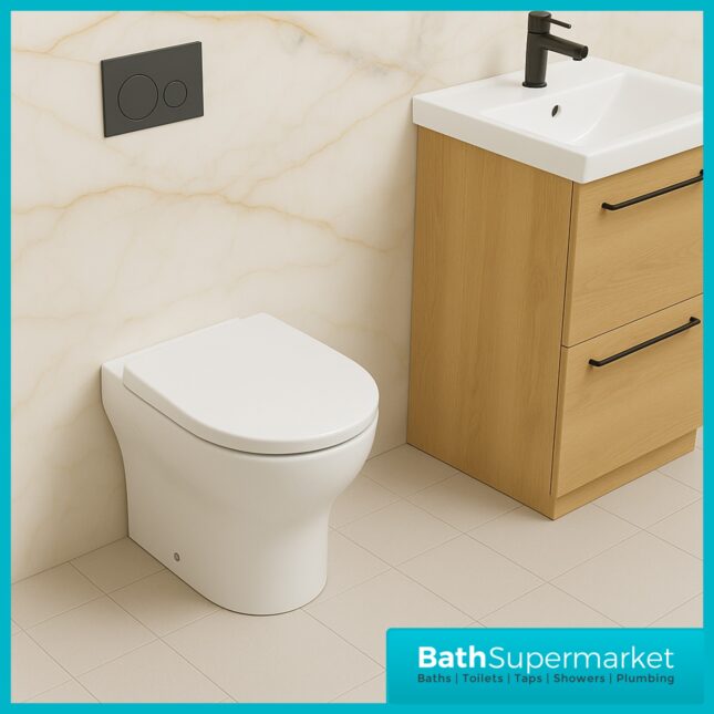 Tavistock Micra Evo White Comfort Height Back To Wall Rimless WC Toilet Pan With Seat