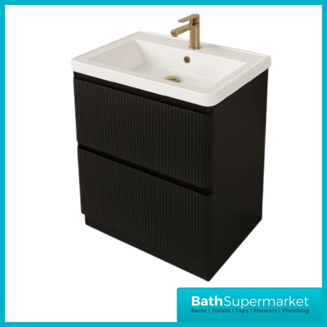 Modern Black Fluted Floor Standing Handless Drawer Bathroom Vanity Basin Unit 600mm