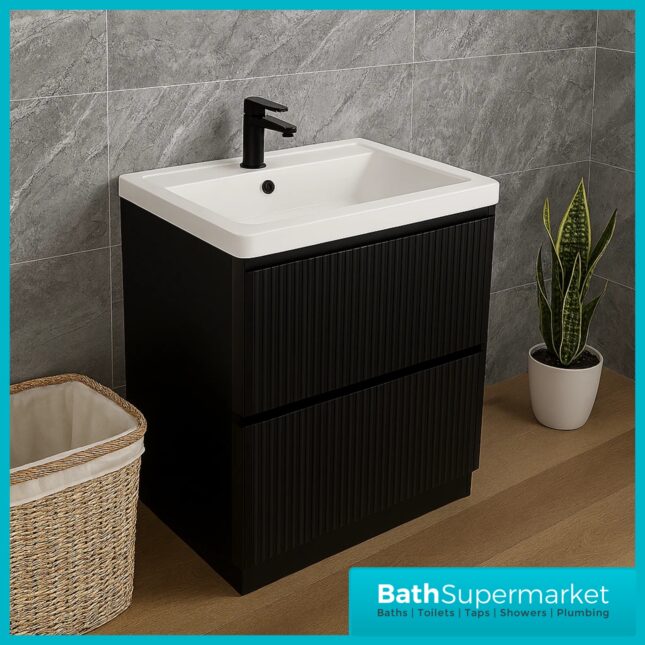 Modern Black Fluted Floor Standing Handless Drawer Bathroom Vanity Basin Unit 600mm