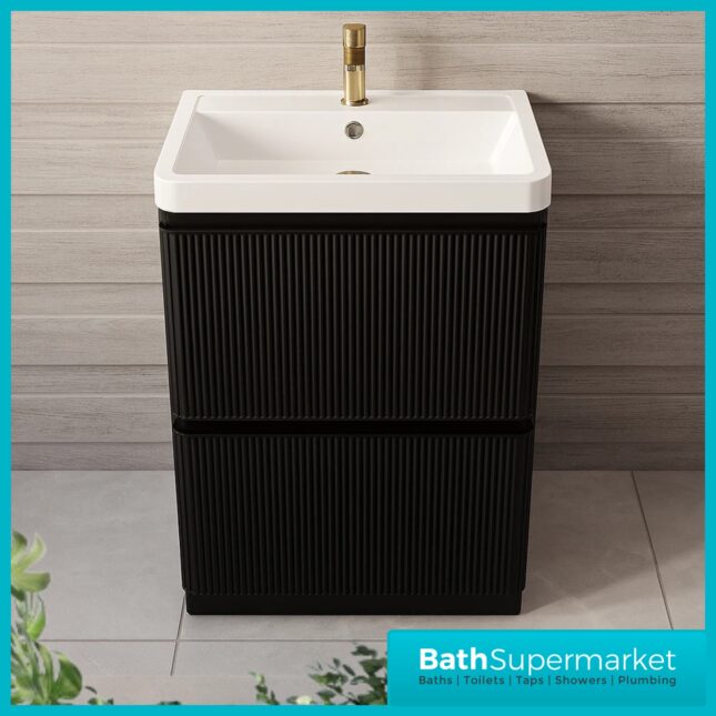 Modern Black Fluted Floor Standing Handless Drawer Bathroom Vanity Basin Unit 600mm