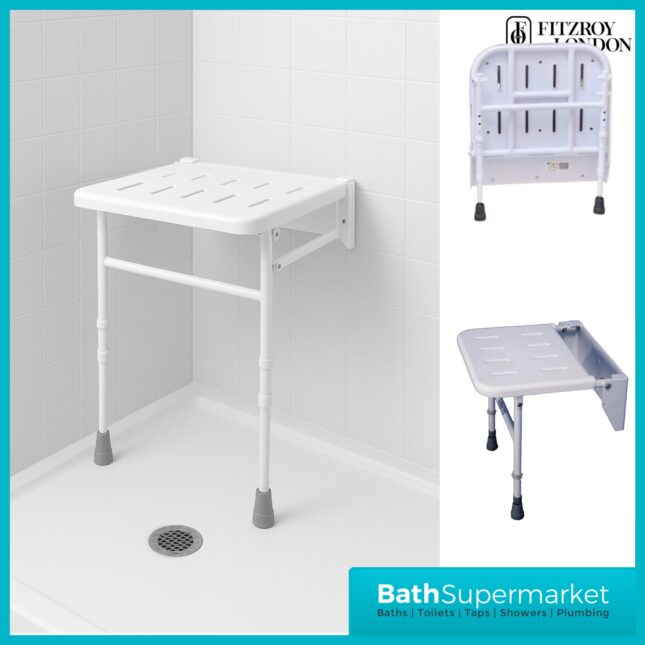 Fitzroy Of London White Wall Mounted Folding Shower Seat With Legs