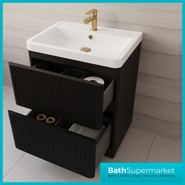 Modern Black Fluted Floor Standing Handless Drawer Bathroom Vanity Basin Unit 600mm