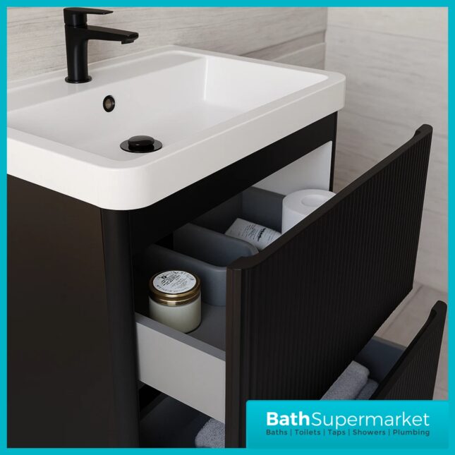 Modern Black Fluted Floor Standing Handless Drawer Bathroom Vanity Basin Unit 600mm