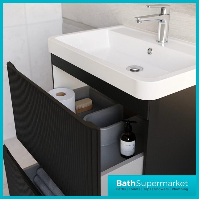 Modern Black Fluted Floor Standing Handless Drawer Bathroom Vanity Basin Unit 600mm