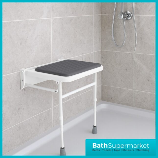 Fitzroy Of London Wall Mounted Folding Grey Padded Shower Seat With Legs