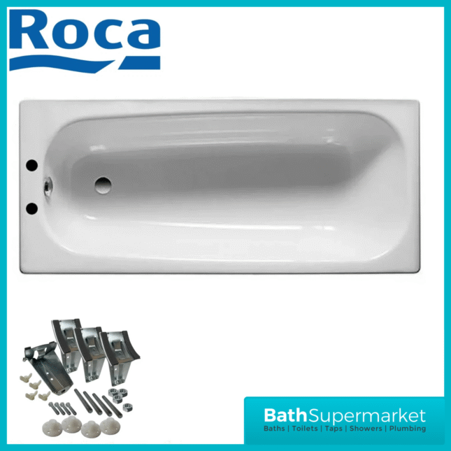 Roca Contesa Gloss White 2 Pre-Drilled Tap Hole Steel Bath 1700 x 700mm With Legs Set
