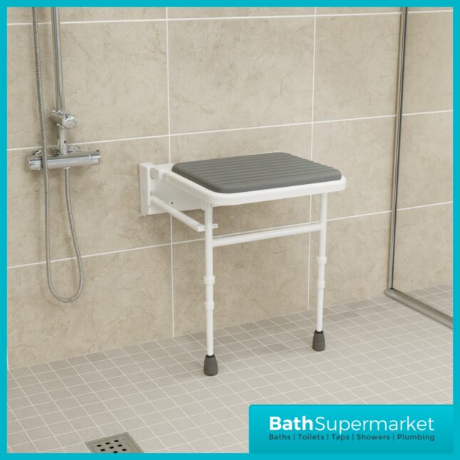 Fitzroy Of London Wall Mounted Folding Grey Padded Shower Seat With Legs