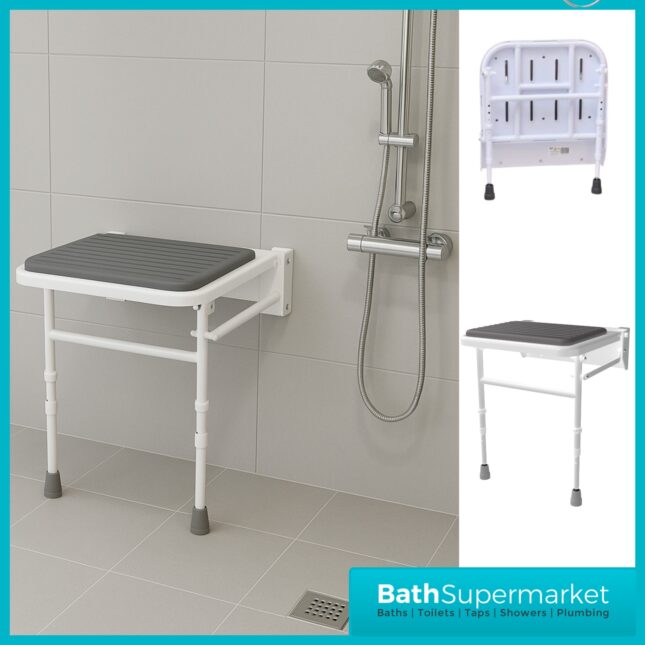 Fitzroy Of London Wall Mounted Folding Grey Padded Shower Seat With Legs
