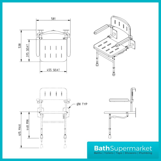 Fitzroy Of London White Wall Mounted Folding Shower Seat With Legs Back & Arms