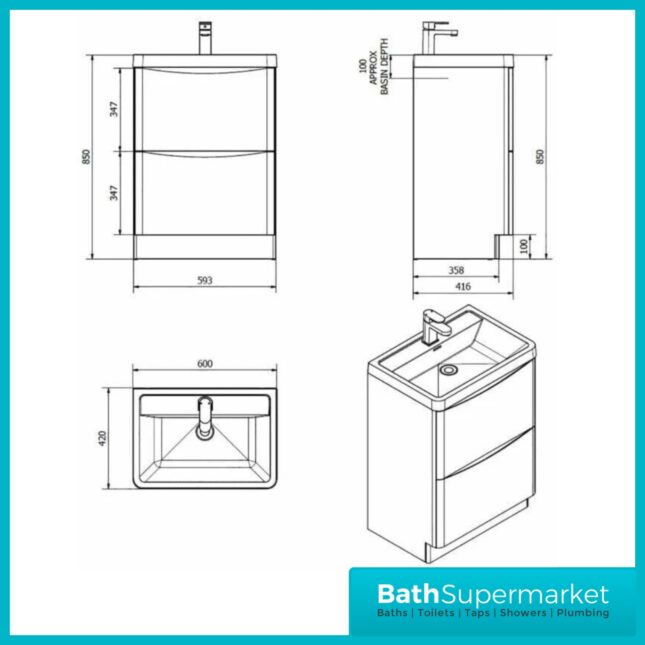 Modern Fir Green Fluted Floor Standing Handless Drawer Bathroom Vanity Basin Unit 600mm