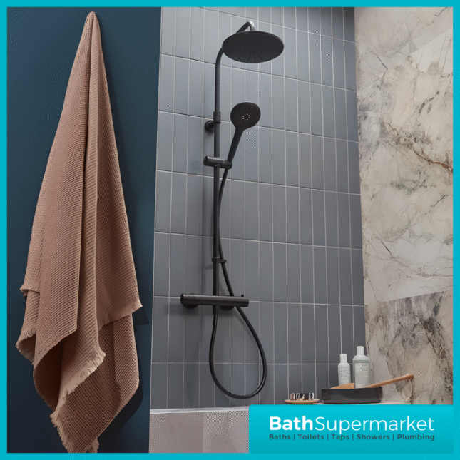 Tavistock Merit Black Cool Touch Exposed Thermostatic Valve Push Bar Shower System