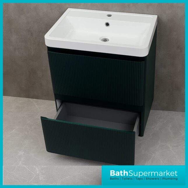 Modern Fir Green Fluted Floor Standing Handless Drawer Bathroom Vanity Basin Unit 600mm