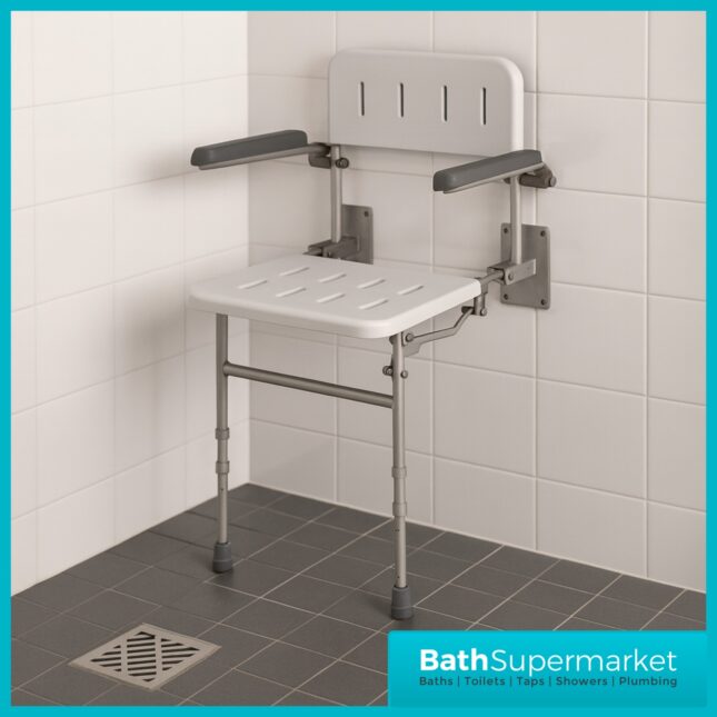 Fitzroy Of London White Wall Mounted Folding Shower Seat With Legs Back & Arms