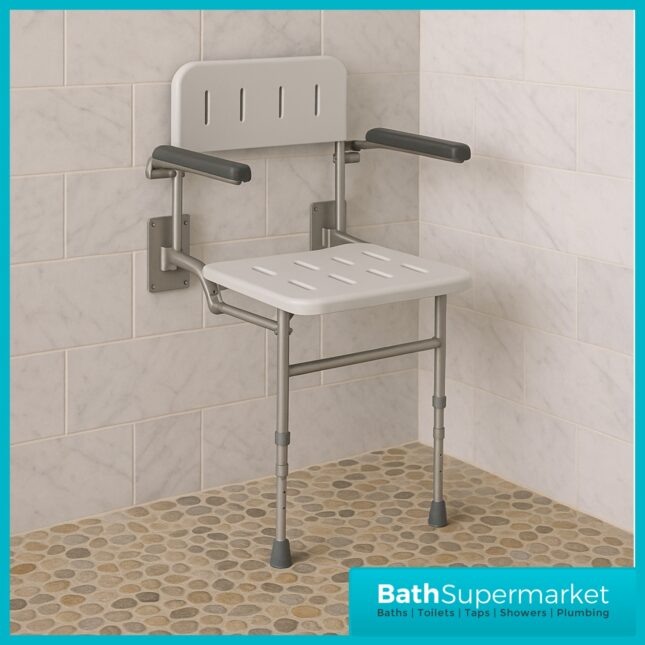 Fitzroy Of London White Wall Mounted Folding Shower Seat With Legs Back & Arms