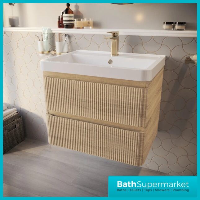 Modern Sonoma Oak Fluted Wall Hung Handless Drawer Bathroom Vanity Basin Unit 600mm