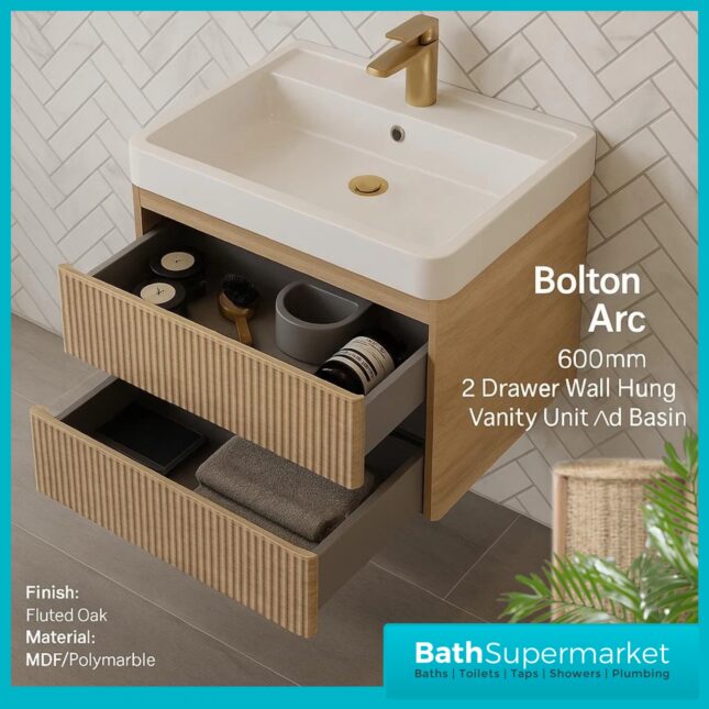 Modern Sonoma Oak Fluted Wall Hung Handless Drawer Bathroom Vanity Basin Unit 600mm