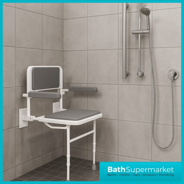 Fitzroy Of London White Wall Mounted Folding Grey Shower Seat With Legs Padded Back & Arms