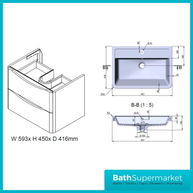 Modern Sonoma Oak Fluted Wall Hung Handless Drawer Bathroom Vanity Basin Unit 600mm