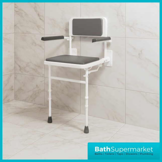 Fitzroy Of London White Wall Mounted Folding Grey Shower Seat With Legs Padded Back & Arms