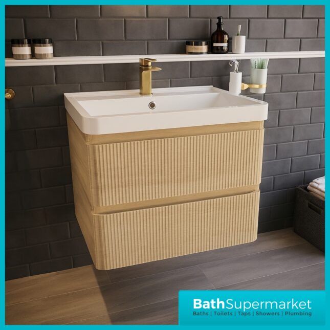 Modern Sonoma Oak Fluted Wall Hung Handless Drawer Bathroom Vanity Basin Unit 600mm