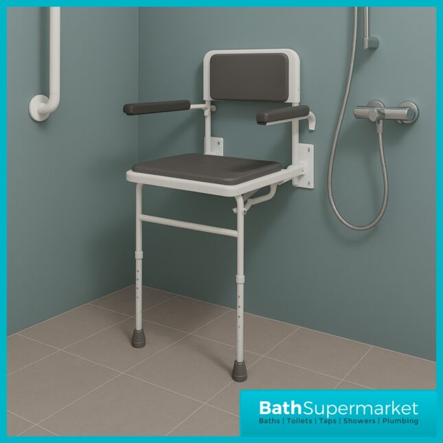 Fitzroy Of London White Wall Mounted Folding Grey Shower Seat With Legs Padded Back & Arms