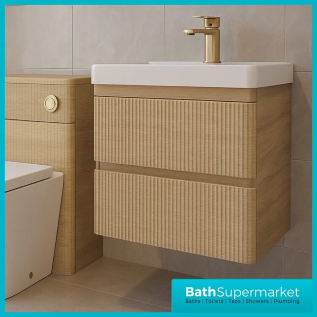 Modern Sonoma Oak Fluted Wall Hung Handless Drawer Bathroom Vanity Basin Unit 600mm