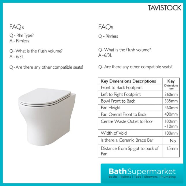 Tavistock Micra Evo White Comfort Height Back To Wall Rimless WC Toilet Pan With Seat