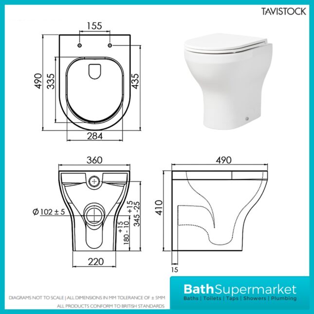 Tavistock Micra Evo White Comfort Height Back To Wall Rimless WC Toilet Pan With Seat