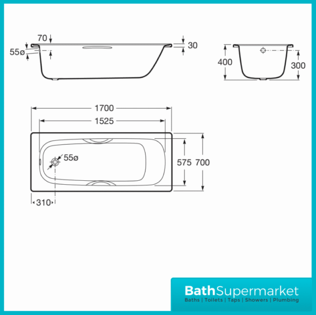 Roca Carla Gloss White Anti-Slip 2 Pre-Drilled Tap Hole Steel Bath 1700 x 700mm With Legs Set & Grips