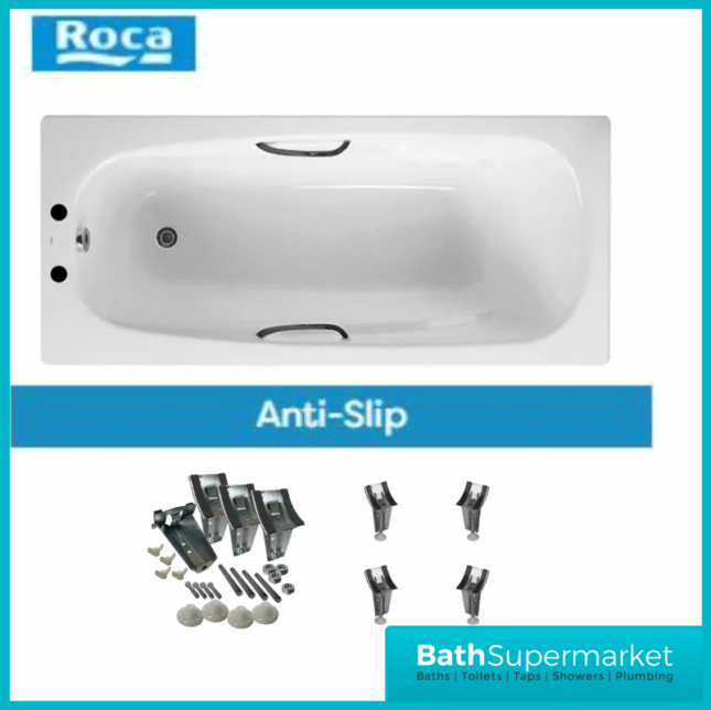 Roca Carla Gloss White Anti-Slip 2 Pre-Drilled Tap Hole Steel Bath 1700 x 700mm With Legs Set & Grips