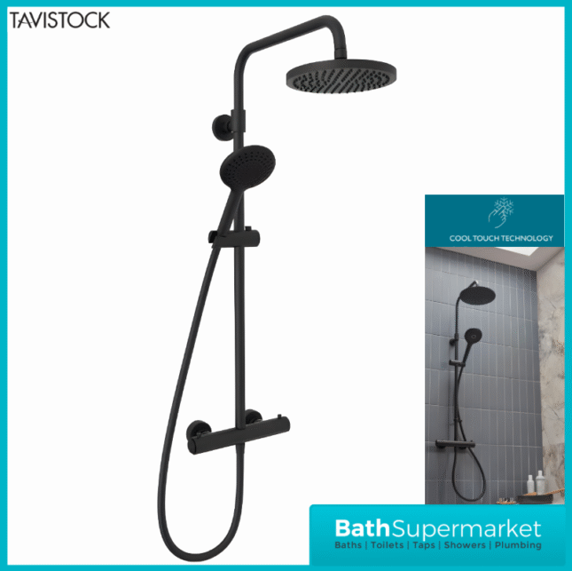 Tavistock Merit Black Cool Touch Exposed Thermostatic Valve Push Bar Shower System