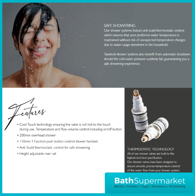 Tavistock Merit Chrome Cool Touch Exposed Thermostatic Valve Push Bar Shower System