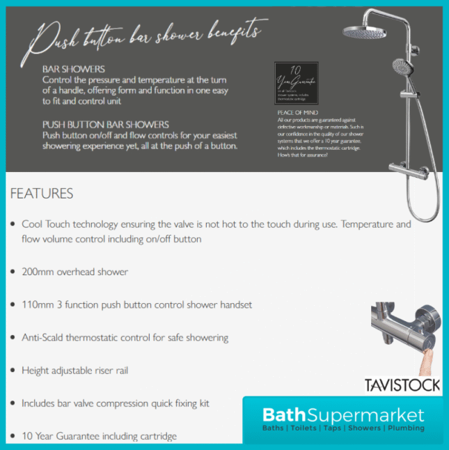 Tavistock Merit Chrome Cool Touch Exposed Thermostatic Valve Push Bar Shower System