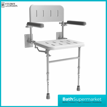 Fitzroy Of London White Wall Mounted Folding Shower Seat With Legs Back & Arms