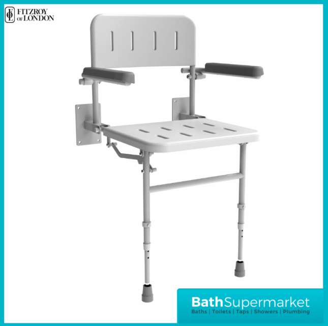 Fitzroy Of London White Wall Mounted Folding Shower Seat With Legs Back & Arms