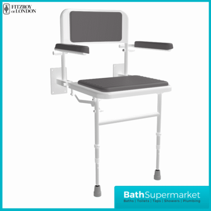 Fitzroy Of London White Wall Mounted Folding Shower Seat With Legs Back & Arms