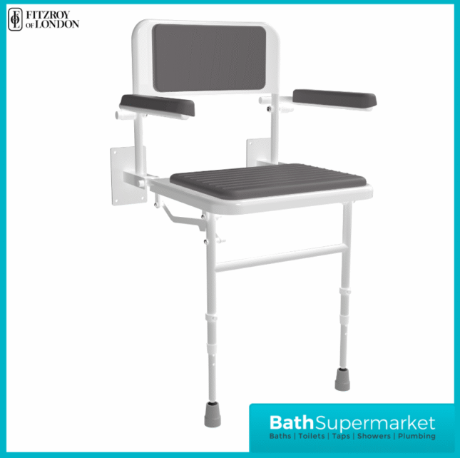 Fitzroy Of London White Wall Mounted Folding Shower Seat With Legs Back & Arms