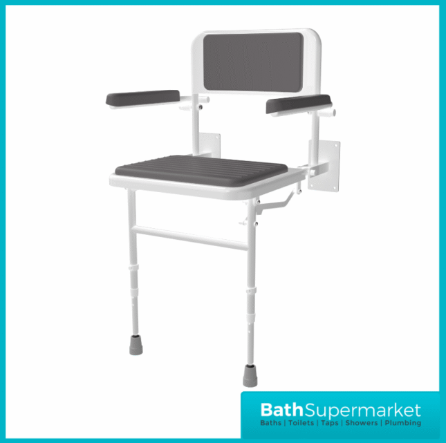 Fitzroy Of London White Wall Mounted Folding Grey Shower Seat With Legs Padded Back & Arms