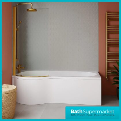 P Shape 1700mm Bath Front Panel With Brushed Brass Frame Glass Screen – Left Or Right Hand