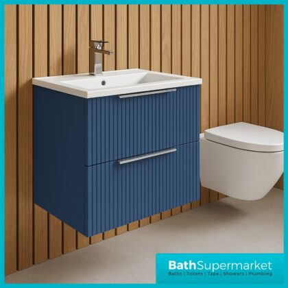 Modern Fluted Satin Blue 600mm Wall Hung 2 Drawer Vanity Unit With Basin