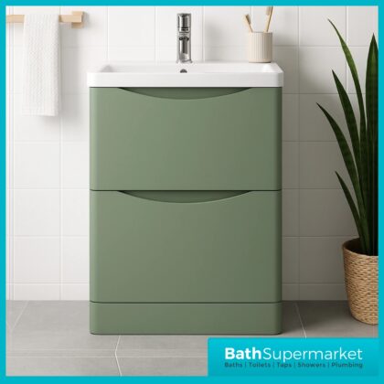Niko Satin Green 600mm Floor Standing 2 Drawer Vanity Unit With Basin