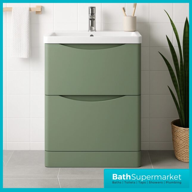 Niko Satin Green 600mm Floor Standing 2 Drawer Vanity Unit With Basin
