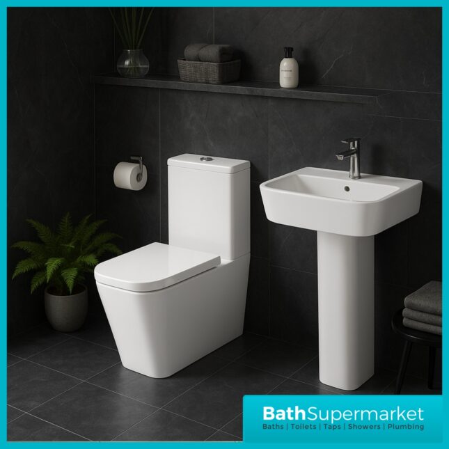 Kartell Genoa Square 4 Piece Bathroom Suite – Rimless WC Toilet With Soft Close Seat, 550mm Basin & Full Pedestal