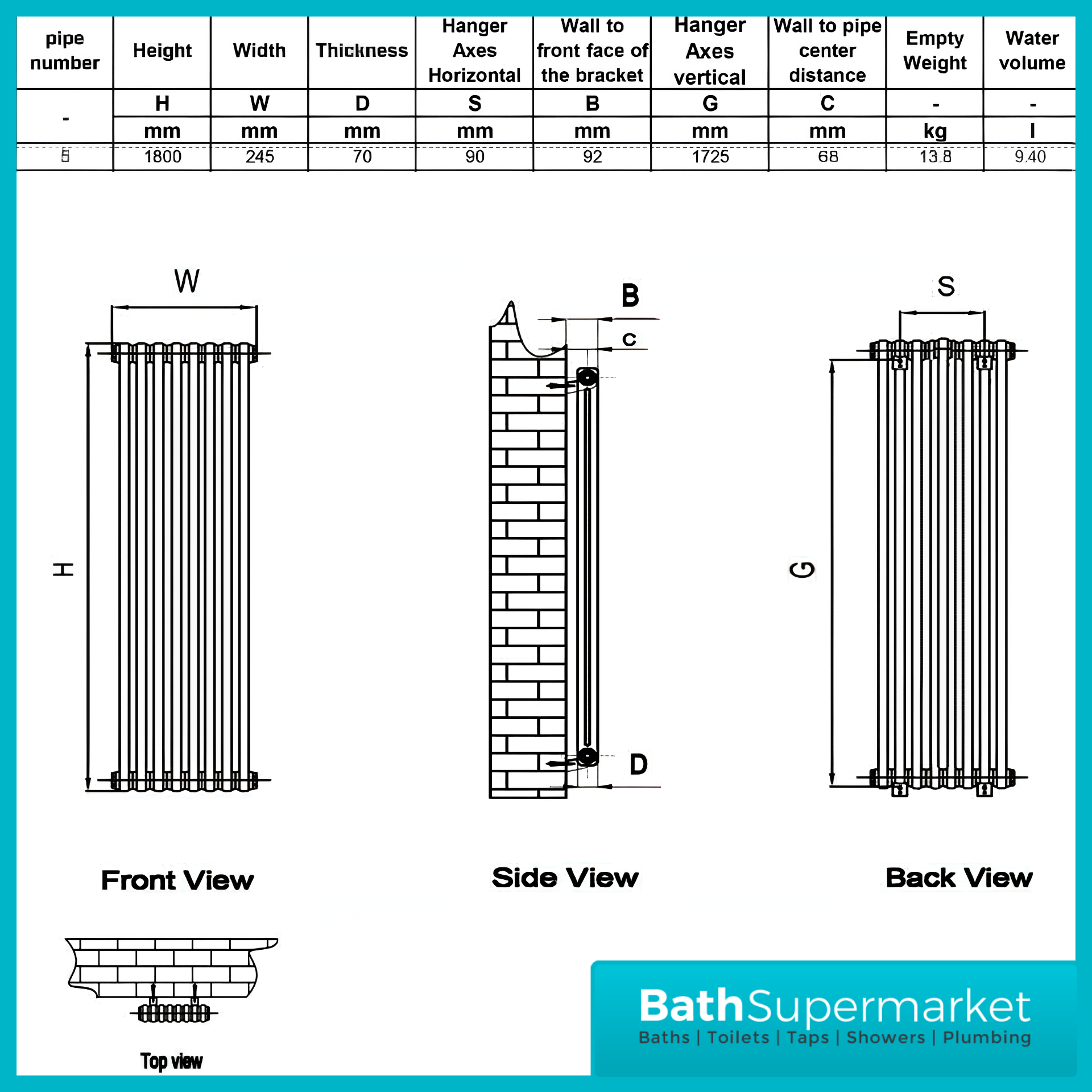 HEATWICK Heritage White Vertical Column 2 Radiator - 1800mm High - 245mm, 335mm & 425mm Widths