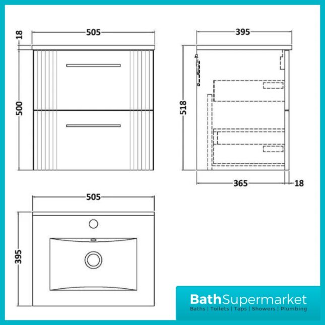 Niko Deco Fluted Soft Black 500mm Wall Hung 2 Drawer Vanity Unit With Basin