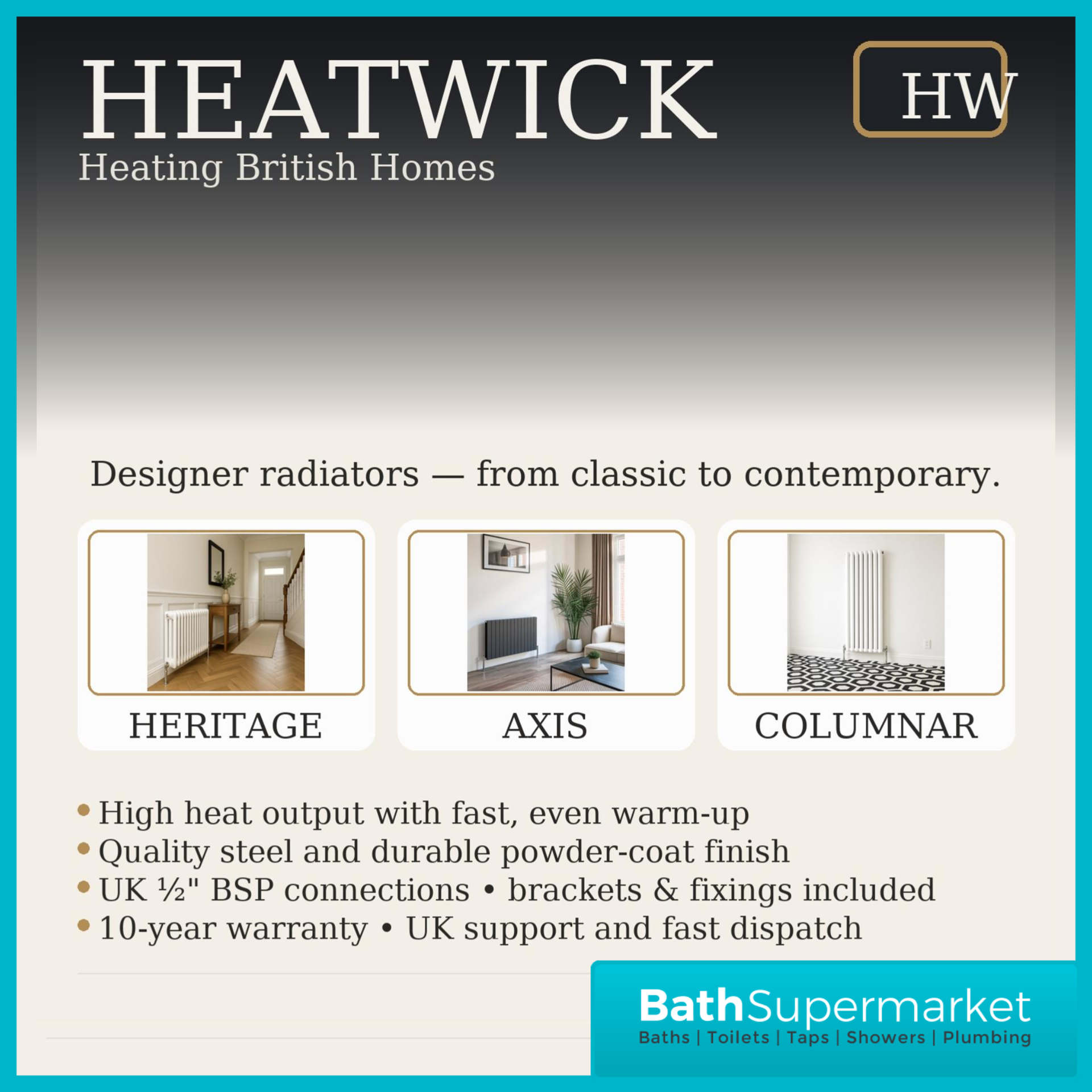 HEATWICK Columnar White Single Vertical Radiator – 1800mm High – 420mm, 540mm & 600mm Widths