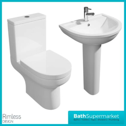 Kartell Bijoux 4 Piece Bathroom Suite – Rimless WC Toilet With Soft Close Seat, 550mm Basin & Full Pedestal