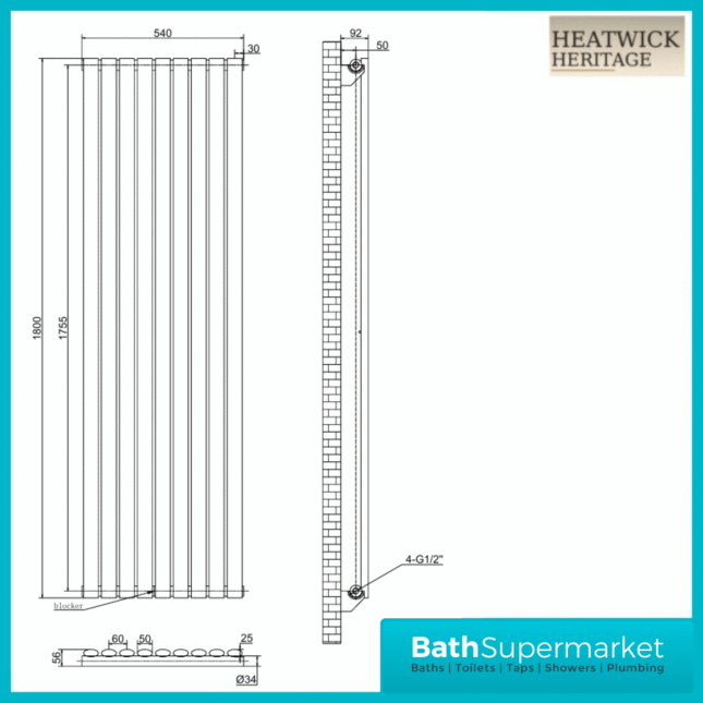 HEATWICK Columnar White Single Vertical Radiator – 1800mm High – 420mm, 540mm & 600mm Widths