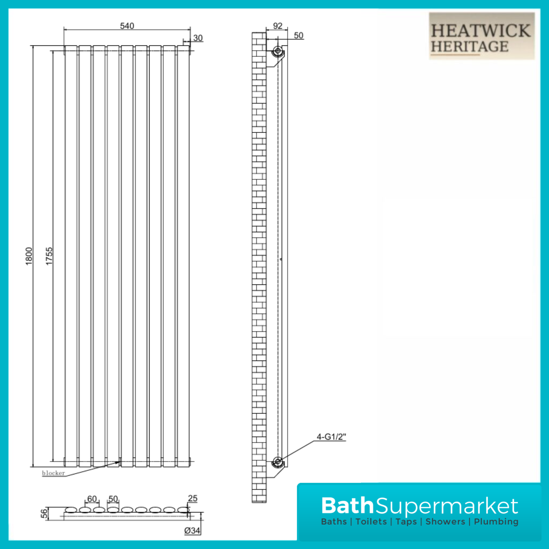 HEATWICK Columnar White Single Vertical Radiator – 1800mm High – 420mm, 540mm & 600mm Widths