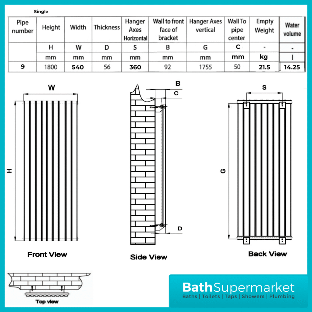 HEATWICK Columnar Anthracite Single Vertical Radiator – 1800mm High – 420mm, 540mm & 600mm Widths